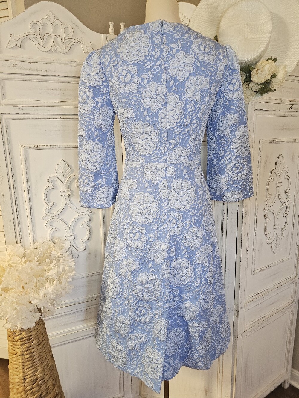 Fehaute Light Blue Floral Jacquard Vintage Inspired Midi A-Line Cocktail Dress - Picture 2 of 8